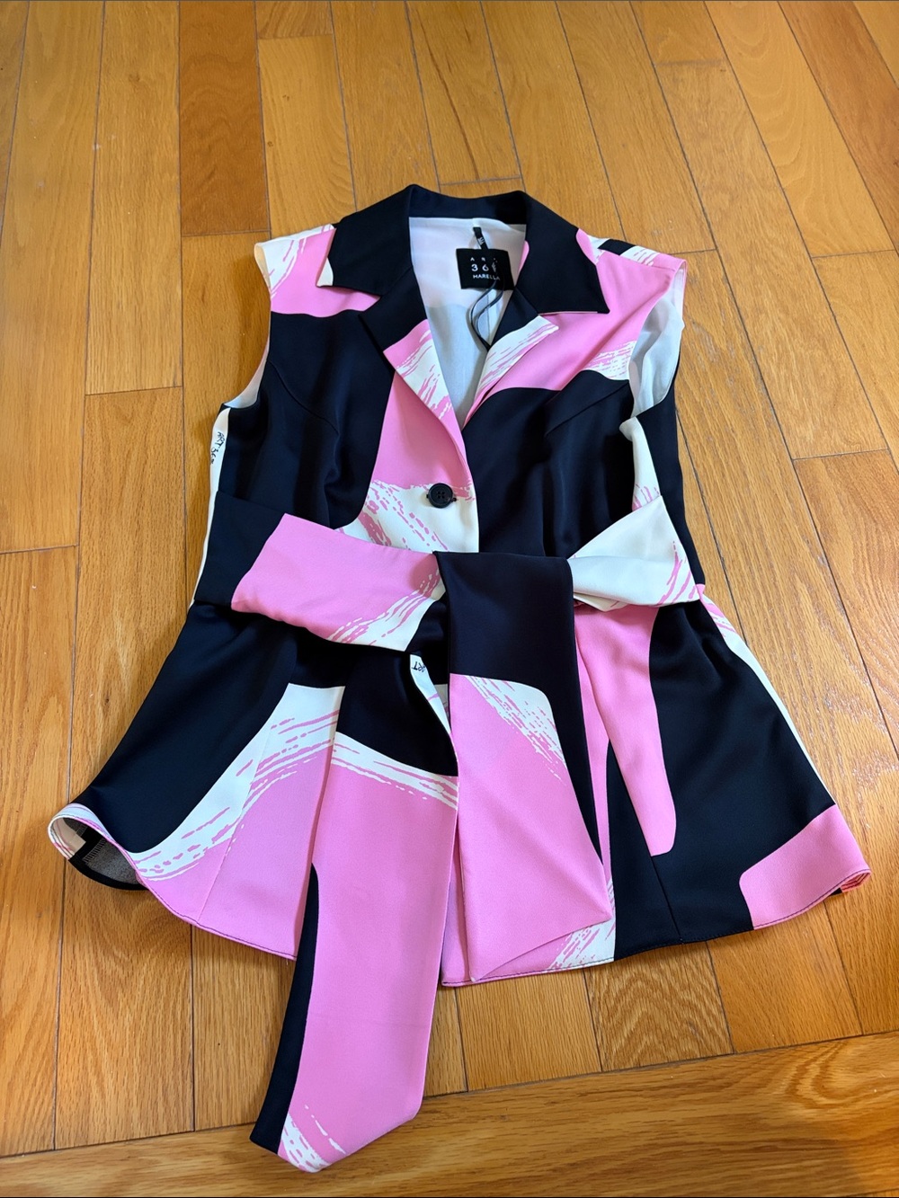 MARELLA Pink and Black Abstract Print blouse or vest with attached tie.